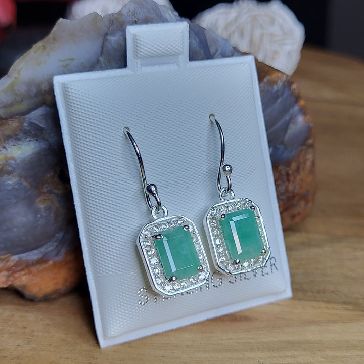 Emerald and C.Z. 925 Sterling Silver Square Dangles