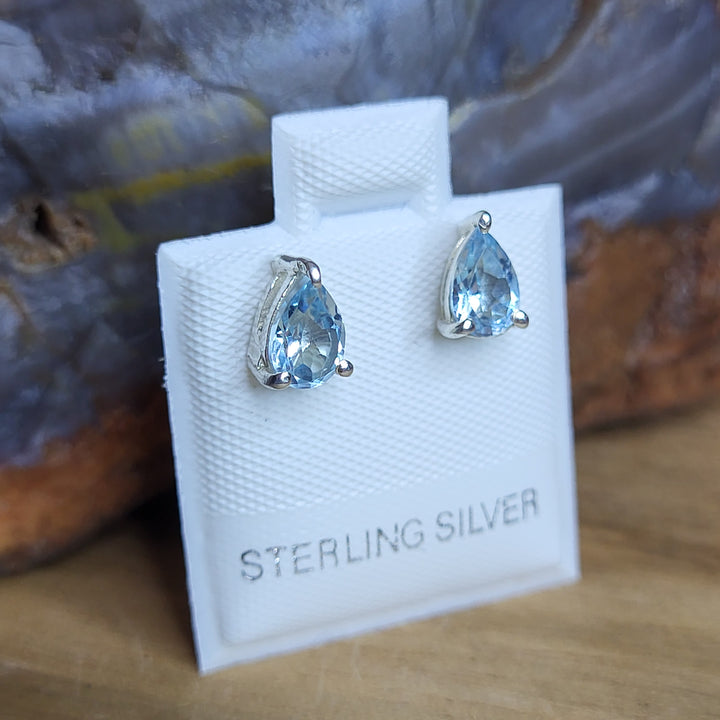 Blue Topaz 925 Sterling Silver Prong Set Natural Gemstone Teardrop Stud Earrings