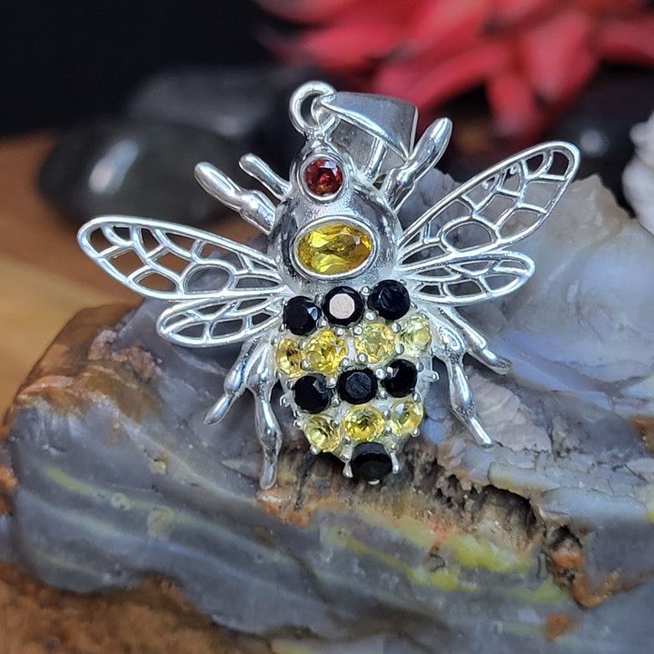 Bumblebee 925 Sterling Silver Pendant - Garnet, Citrine, Black Tourmaline Natural Gemstones