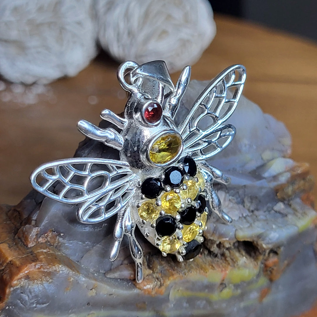 Bumblebee 925 Sterling Silver Pendant - Garnet, Citrine, Black Tourmaline Natural Gemstones