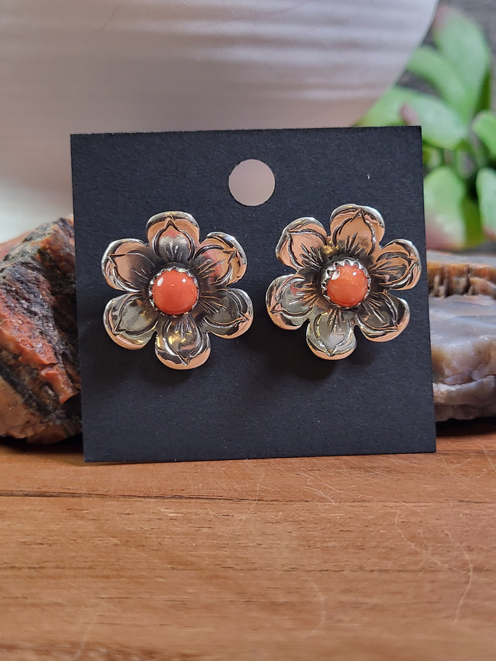 Natural Coral Flower Earrings 925 Sterling Silver