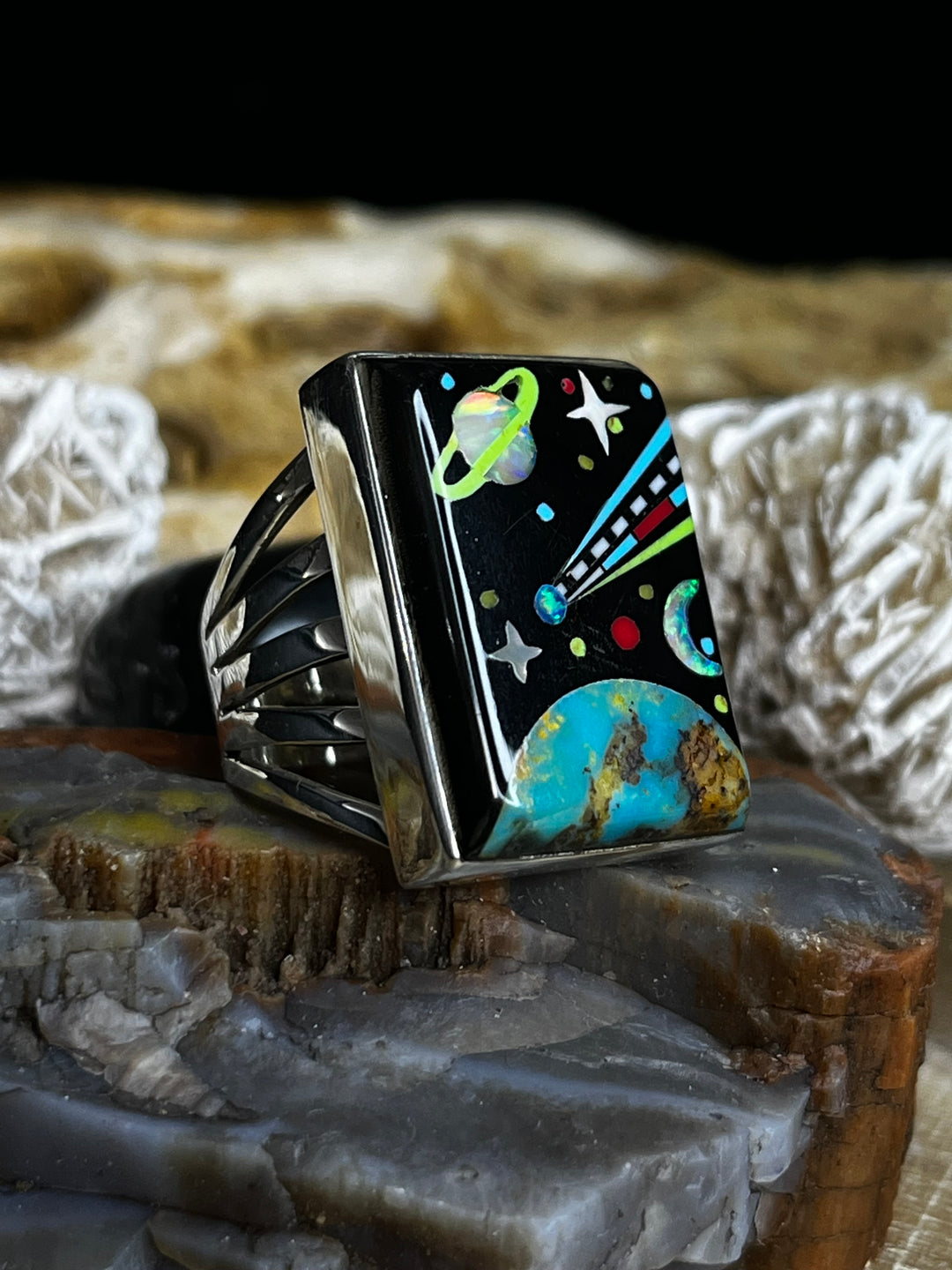 Celestial Earth and Planets micro inlay sterling silver 925 ring Size 8