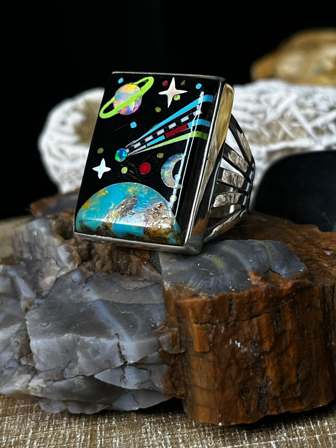 Celestial Earth and Planets micro inlay sterling silver 925 ring Size 8