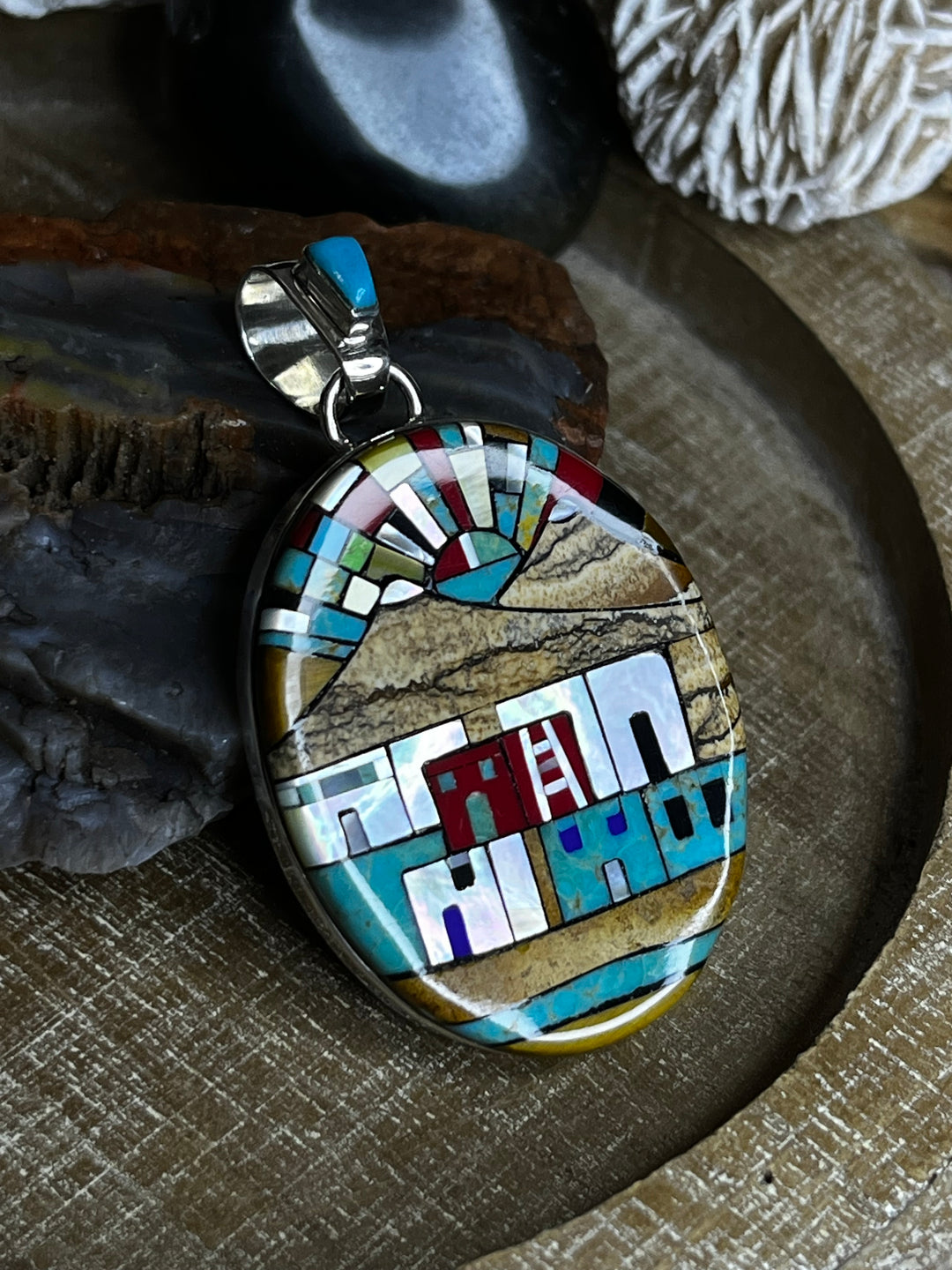 Pueblo Mountain sun rise 925 sterling silver micro inlay Pendant