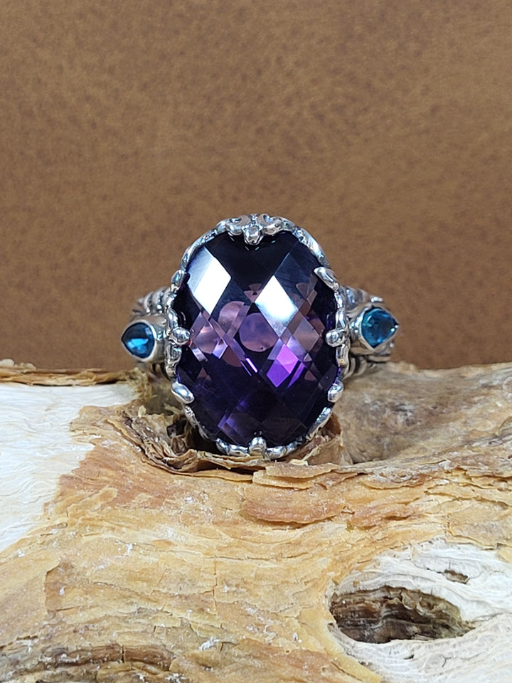 Bali Made Natural Amethyst/Blue Quartz 925 Sterling Silver Ring - Size 8