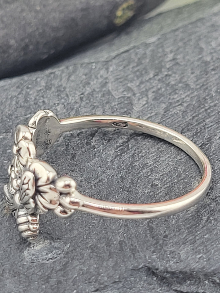 Silver Bee and Floral Ring - Size 8