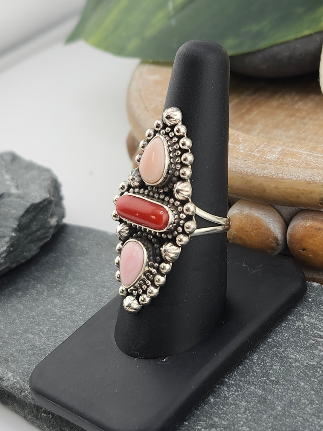 Southwest Queen Conch and Italian Coral Ring Size 8