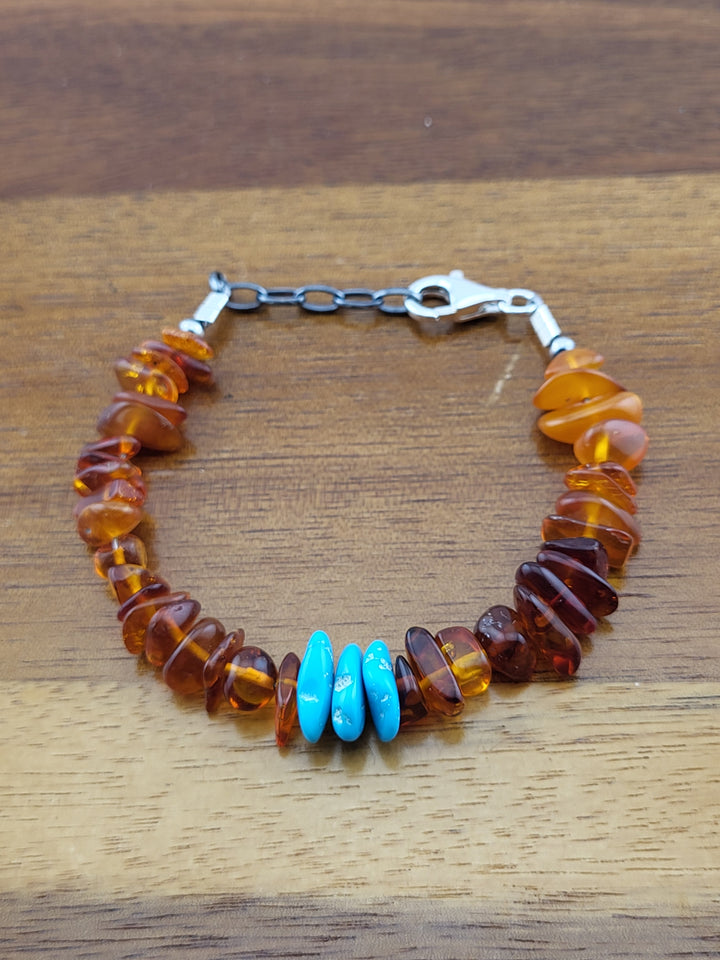 925 Sterling Silver 6 inch + 1 inch Extension Amber & Turquoise Bracelet