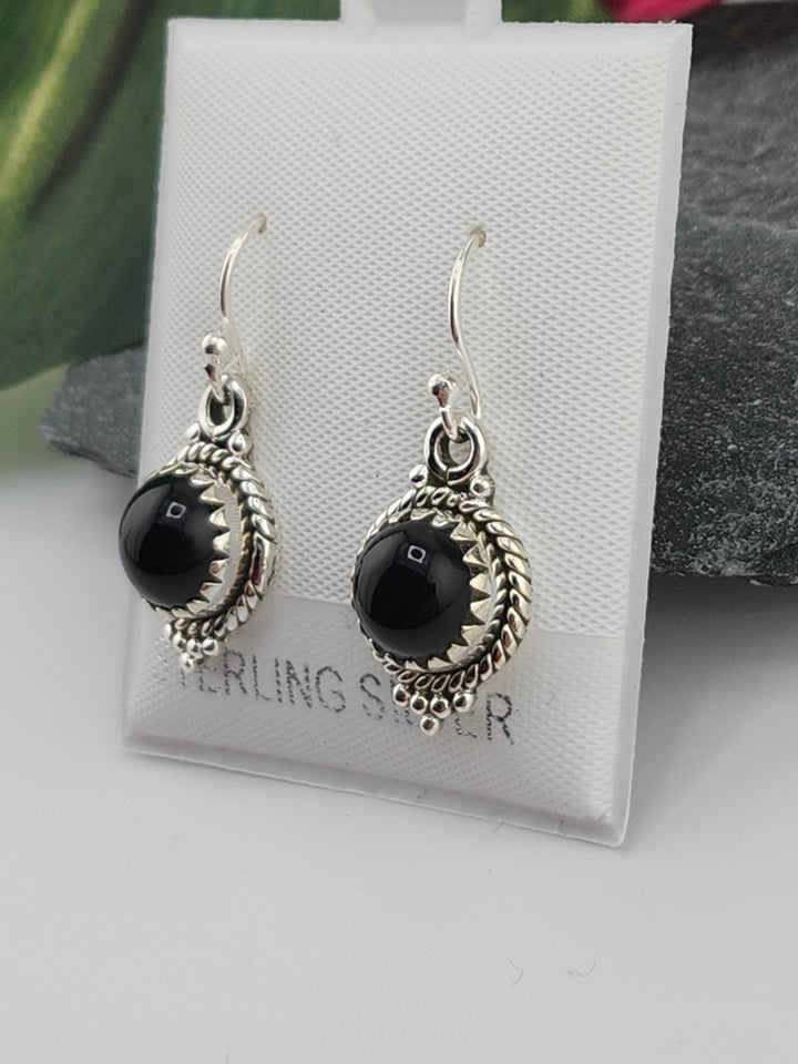 Black Onyx Round Dangle Earrings