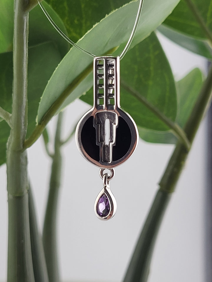 Silver Pendant with Amethyst and Enamel - Designer Stamped - Peter Stone