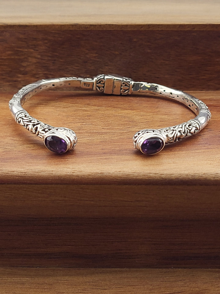 925 Sterling Silver 6 1/2 Amethyst Bali Hinge Cuff