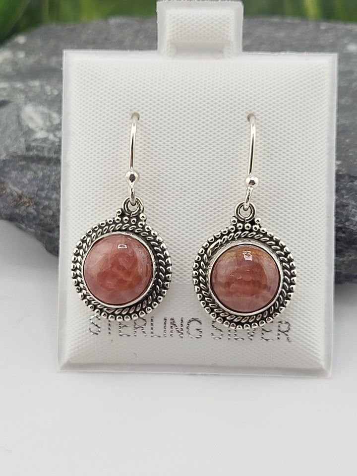 Rhodochrosite Round Dangle Earrings