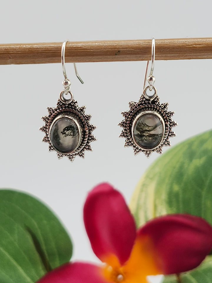 Moss Agate Oval Dangle Earrings