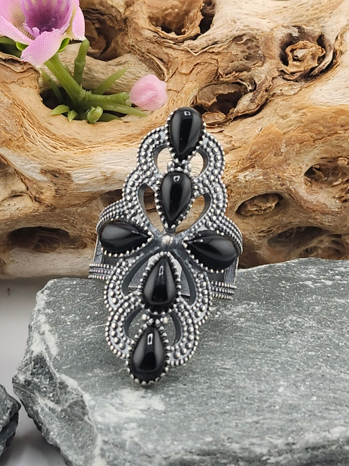 925 Sterling Silver Oxidized Black Onyx Cluster Ring Size 8