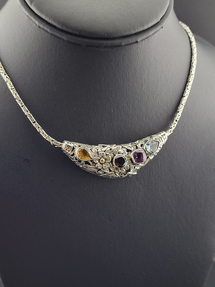 Bali 925 Sterling Silver & 18K Accents Multi Stone (Citrine, Garnet, Amethyst, and Topaz) Necklace