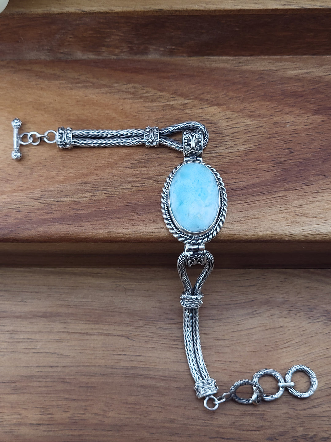 925 Sterling Silver 7 to 8-inch Natural Larimar Bali Bracelet w/Toggle Clasp