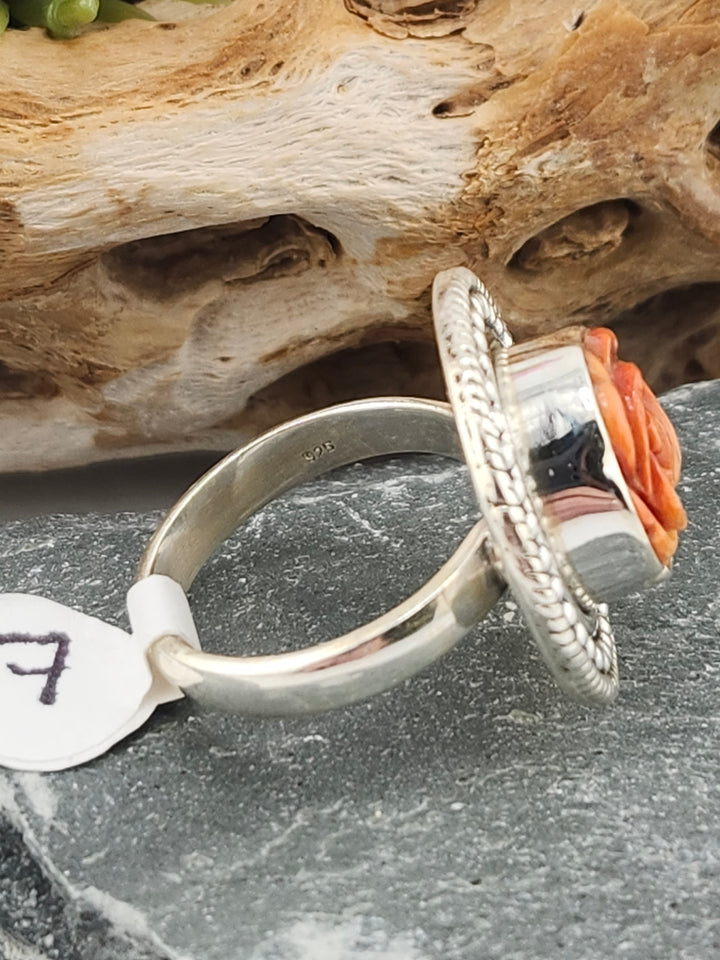 Orange Spiny Oyster Carved Rose Ring