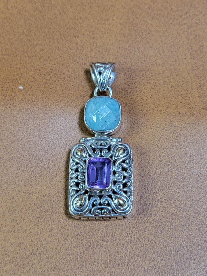 Natural Amazonite and Amethyst Pendant 925 Sterling Silver + 18k Accents