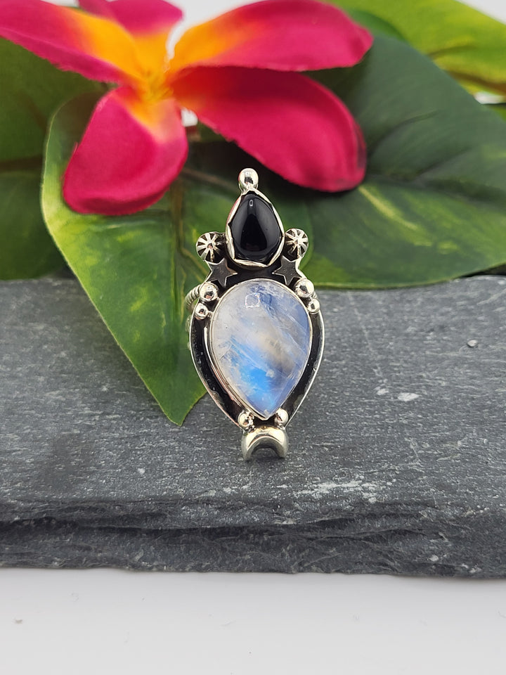 Moonstone and Black Onyx Ring