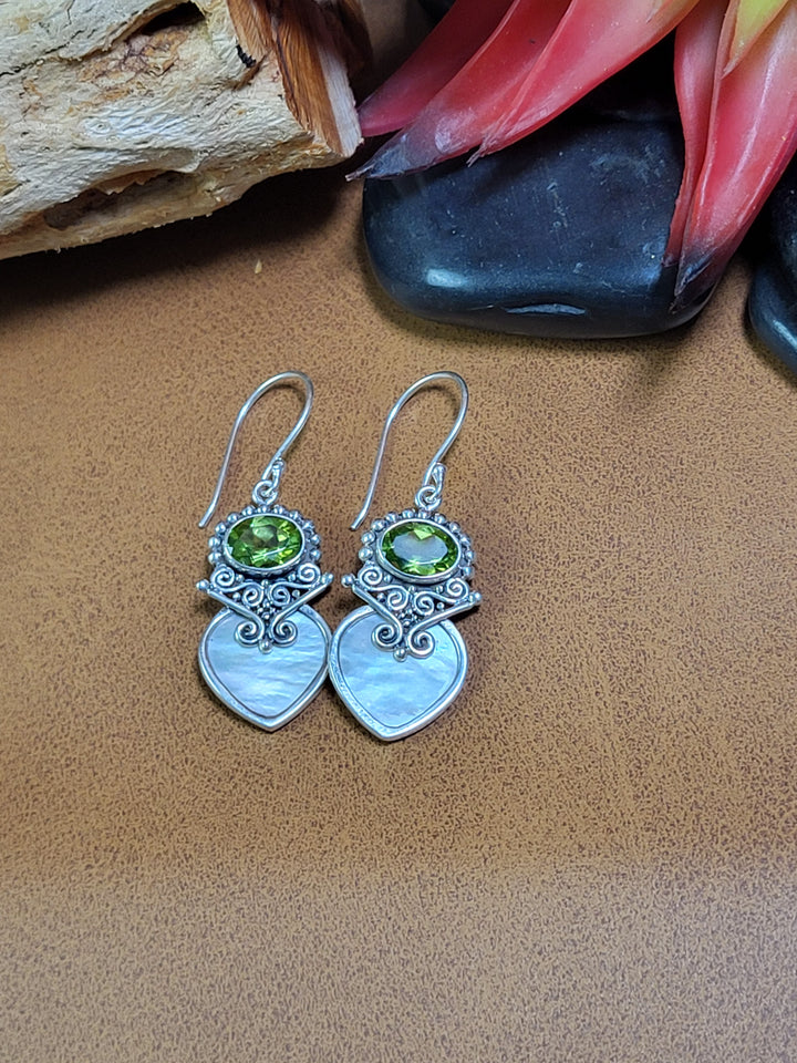 Natural Peridot and Mother of Pearl Dangles 925 Sterling Silver