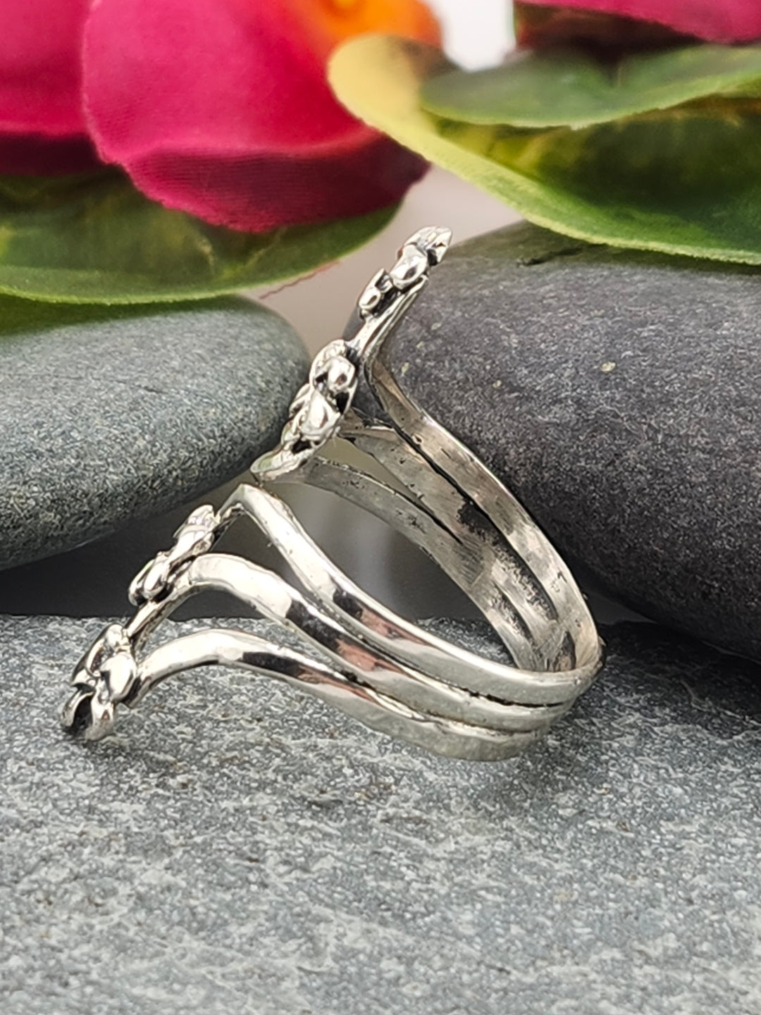 Silver Flower Bypass Ring - Adjustable Size 8