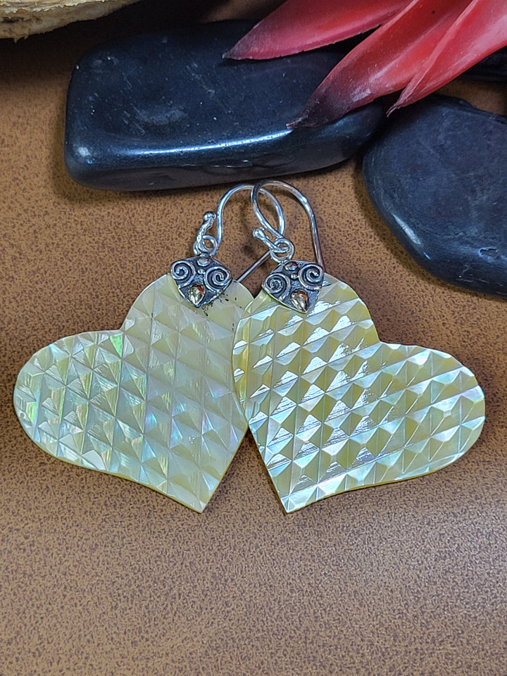 Carved Natural Yellow Mother of Pear Dangles 925 Sterling Silver + 18k Accents Signed Designer - Robert Manse