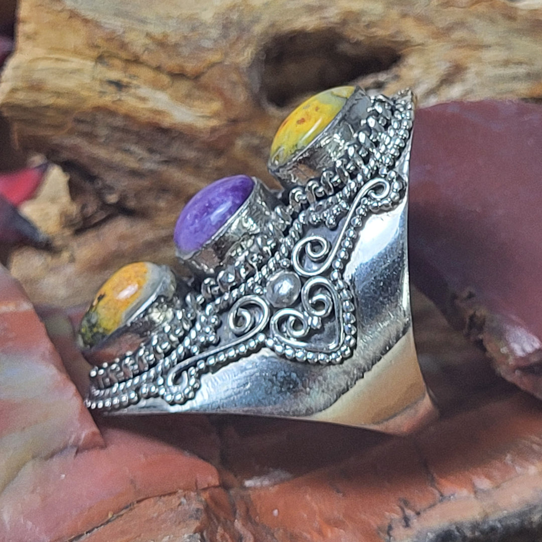 Natural Bumblebee Jasper/Charoite 925 Sterling Silver Ring