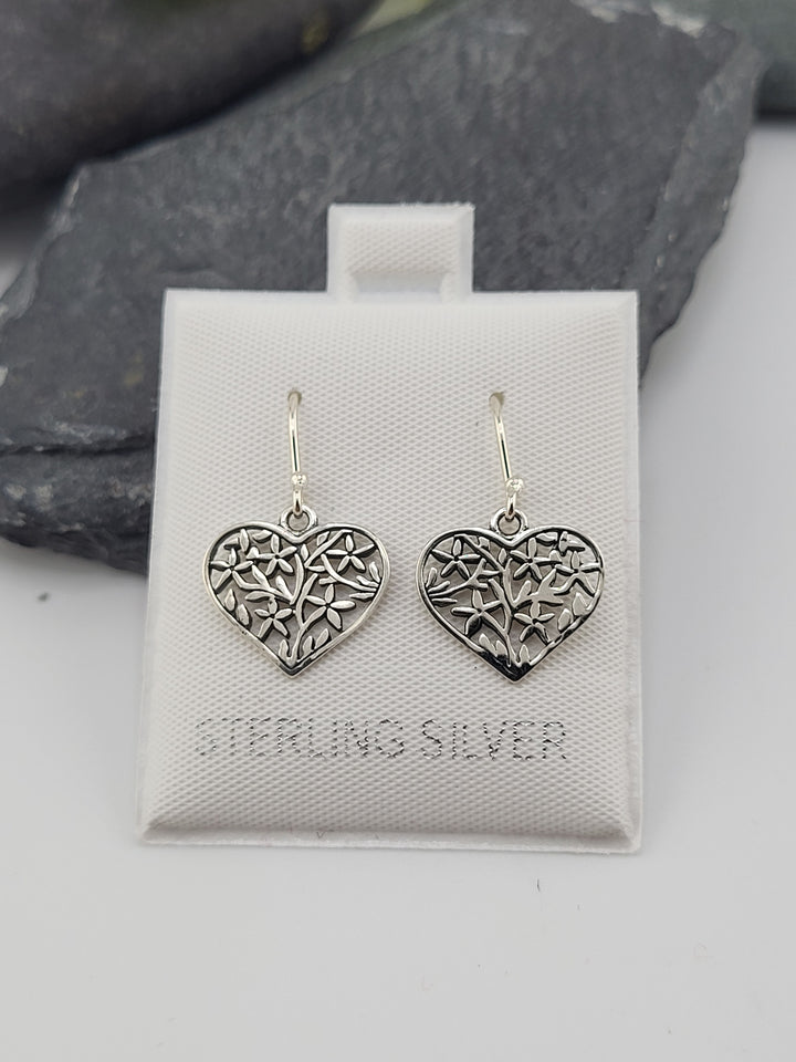 Silver Floral Heart Dangles