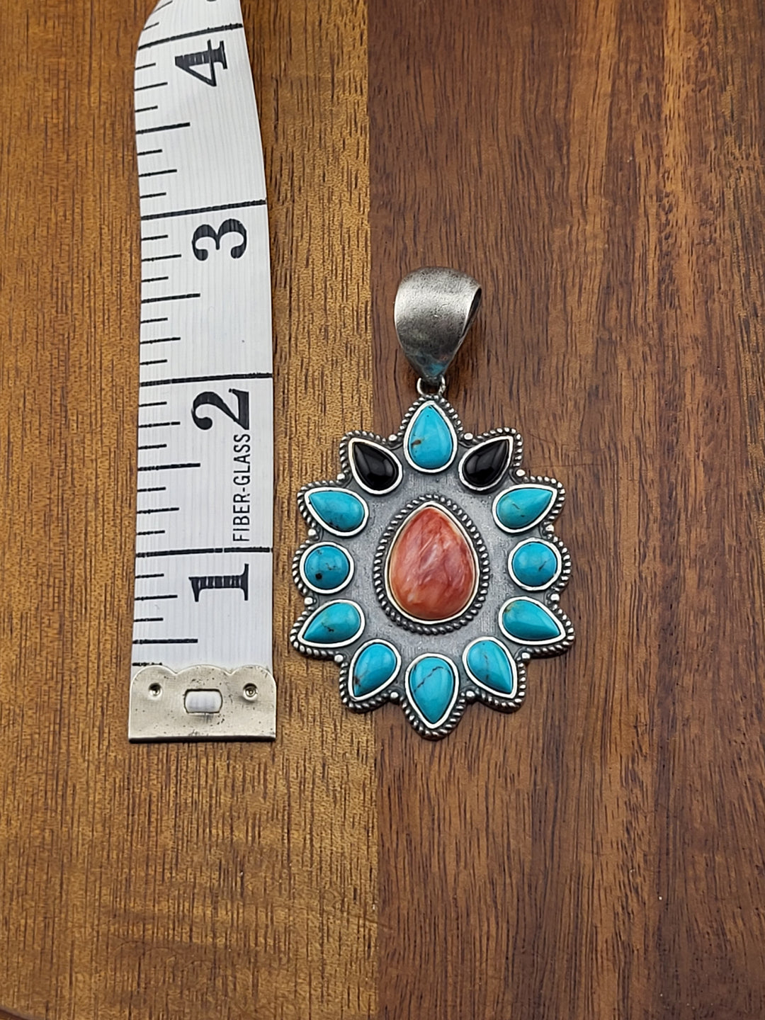 925 Sterling Silver Turquoise, Spiny Oyster, & Black Onyx southwest Pendant