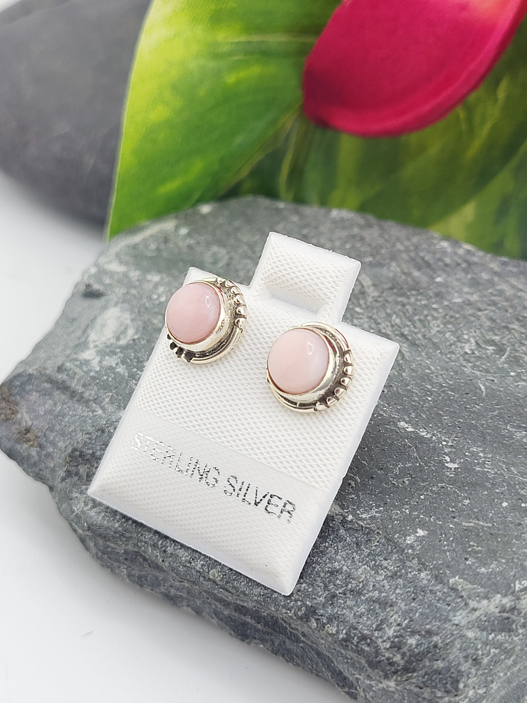 Pink Opal Round Post Back Stud Earrings