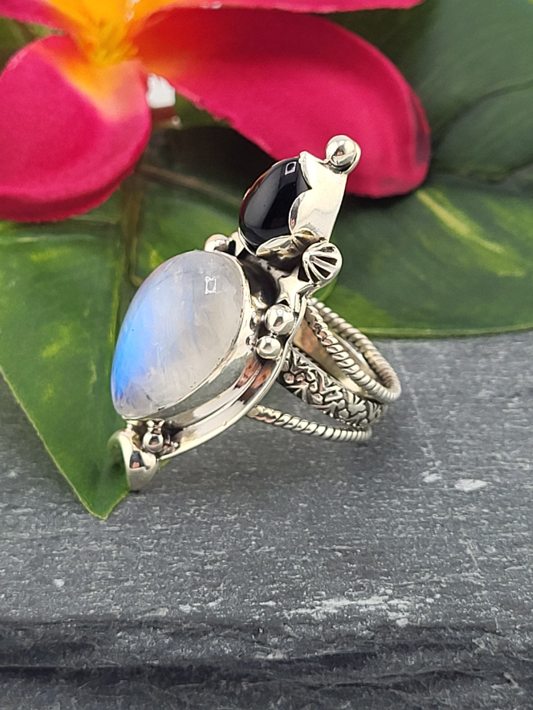 Moonstone and Black Onyx Ring