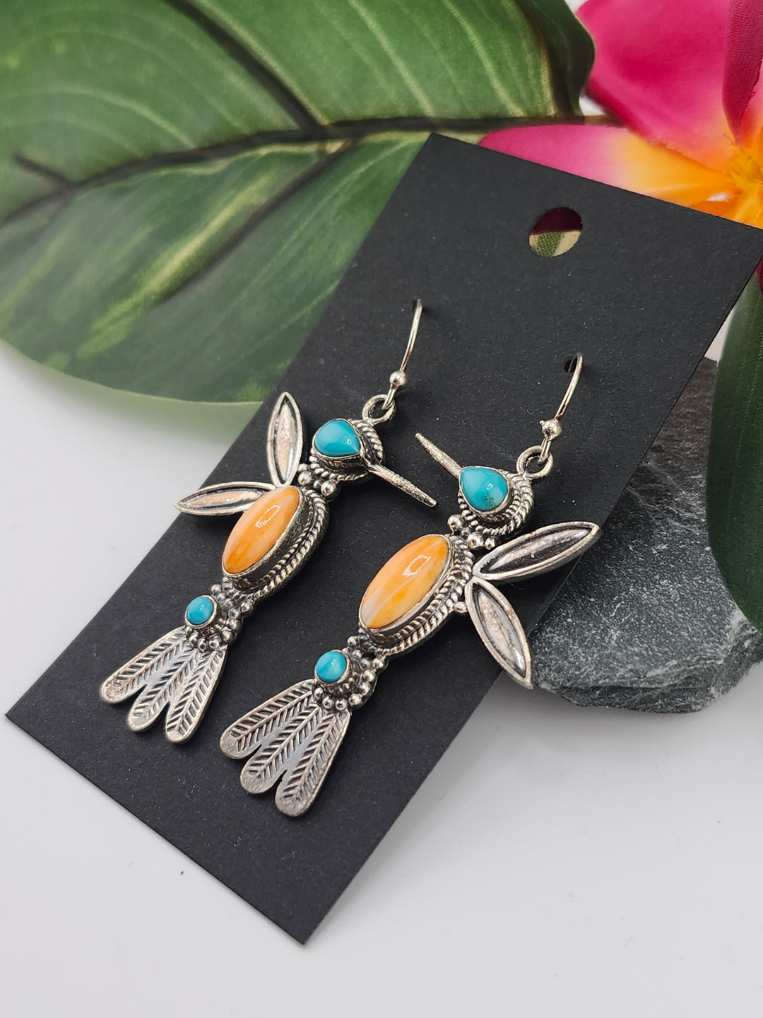 Turquoise & Orange Spiny Oyster Hummingbird Dangle Earrings