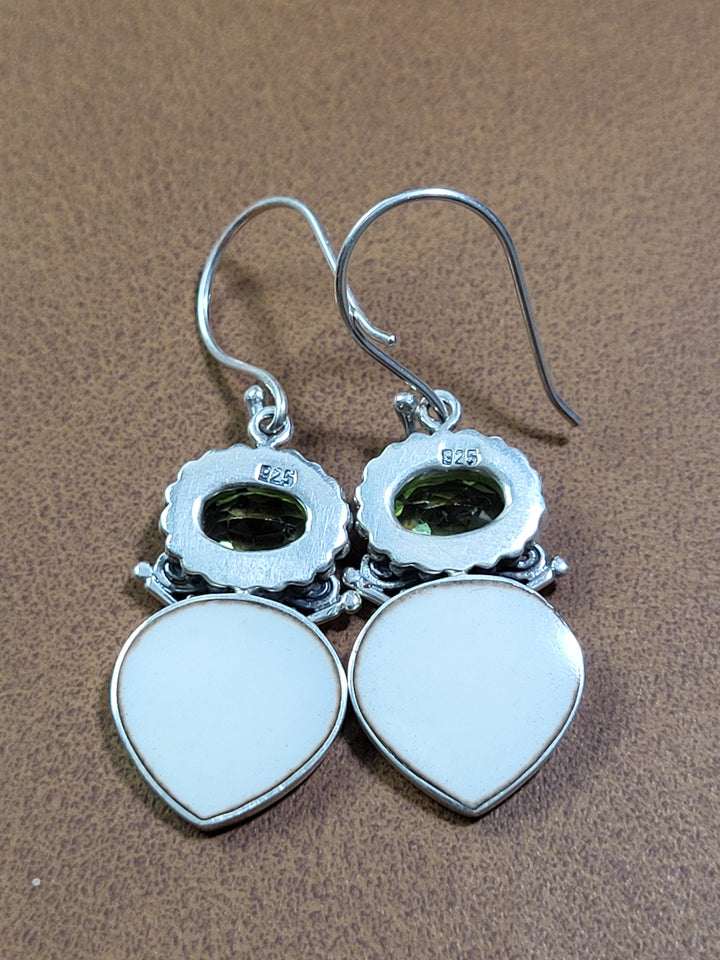 Natural Peridot and Mother of Pearl Dangles 925 Sterling Silver