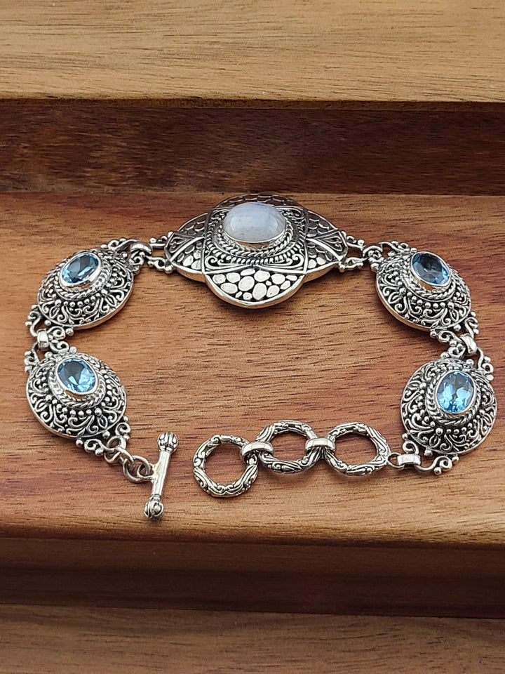 925 Sterling Silver 6 1/2' - 8' Bali Bracelet w/ Natural Moonstone & Topaz