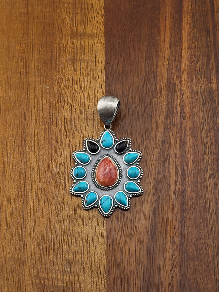 925 Sterling Silver Turquoise, Spiny Oyster, & Black Onyx southwest Pendant