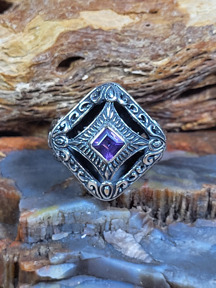 Bali Made Natural Amethyst 925 Sterling Silver Ring - Size 7