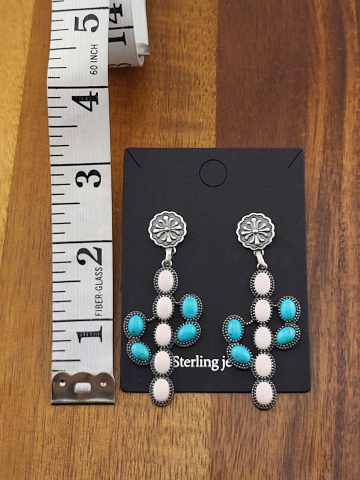 925 Sterling Silver southwest Turquoise & Queen Conch Cactus Post Back Earrings