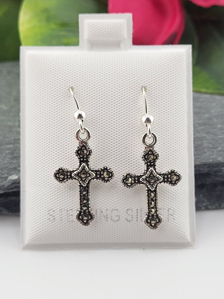 Silver Cross Dangles with Marcasite - Designer Stamped - Peter Stone