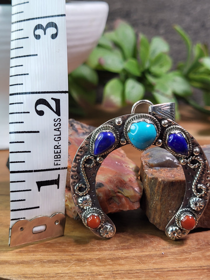 Natural Turquoise, Lapis, & Coral Horseshoe Pendant 925 Sterling Silver