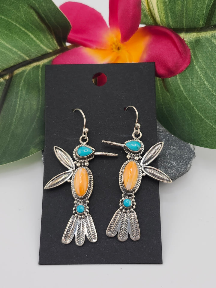 Turquoise & Orange Spiny Oyster Hummingbird Dangle Earrings