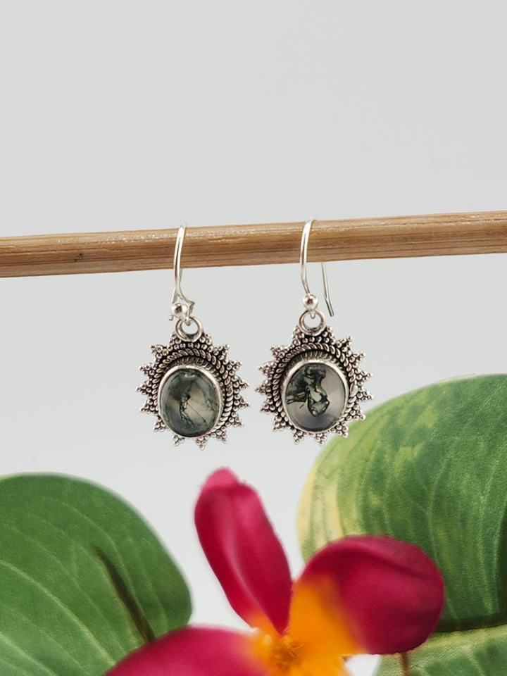 Moss Agate Oval Dangle Earrings