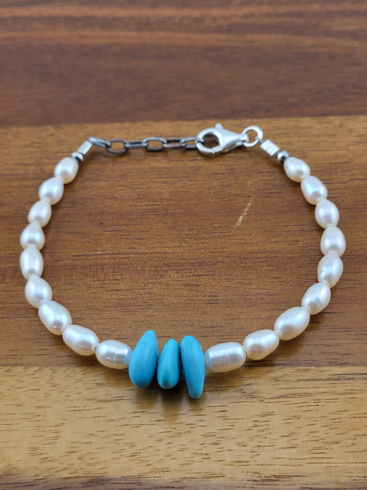 925 Sterling Silver 7 inch + 1 inch Extension Turquoise & Fresh Water Pearl Bead Bracelet