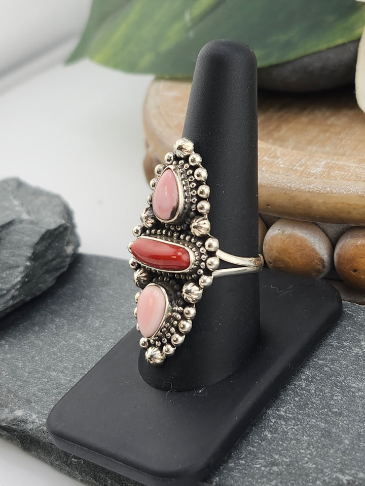 Southwest Queen Conch and Italian Coral Ring Size 9