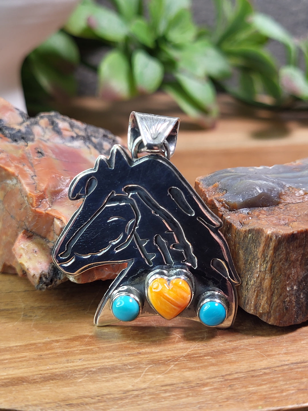 Natural Spiny Oyster & Turquoise Horse Pendant 925 Sterling Silver