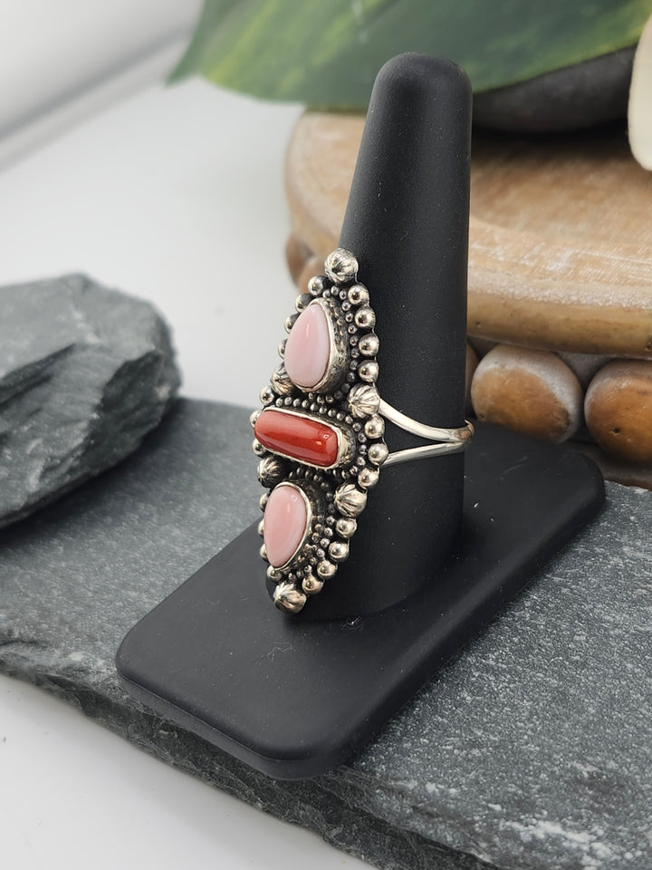 Southwest Queen Conch and Italian Coral Ring Size 10