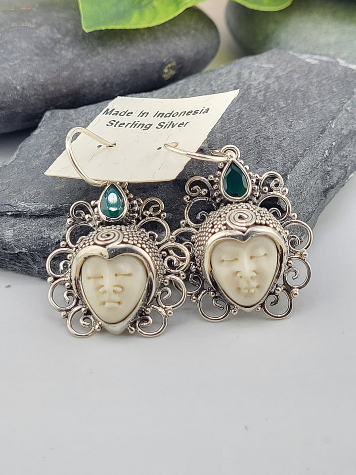 Carved Antler with Green Onyx Goddess Face Dangles