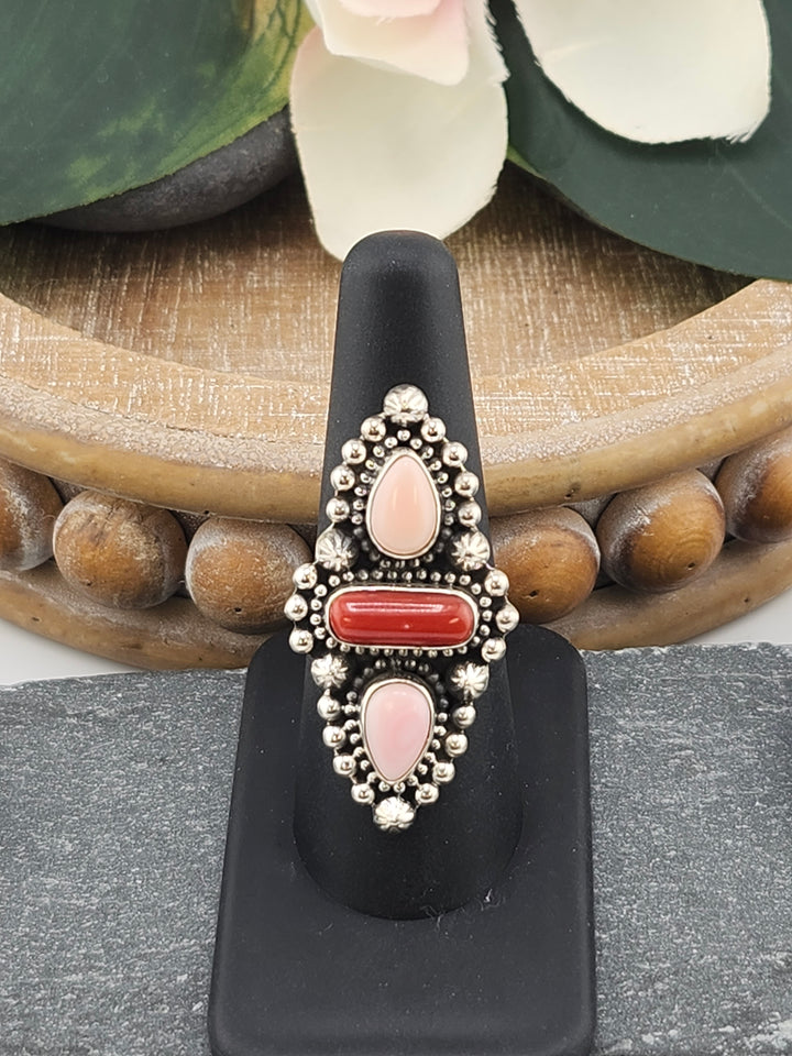 Southwest Queen Conch and Italian Coral Ring Size 8