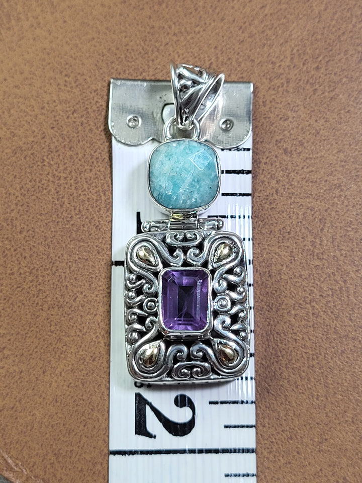 Natural Amazonite and Amethyst Pendant 925 Sterling Silver + 18k Accents