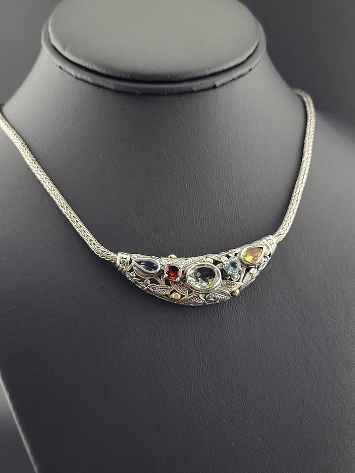 Bali 925 Sterling Silver & 18K Accents Multi Stone (Amethyst, Garnet, Green Amethyst, Topaz, and Citrine) Necklace