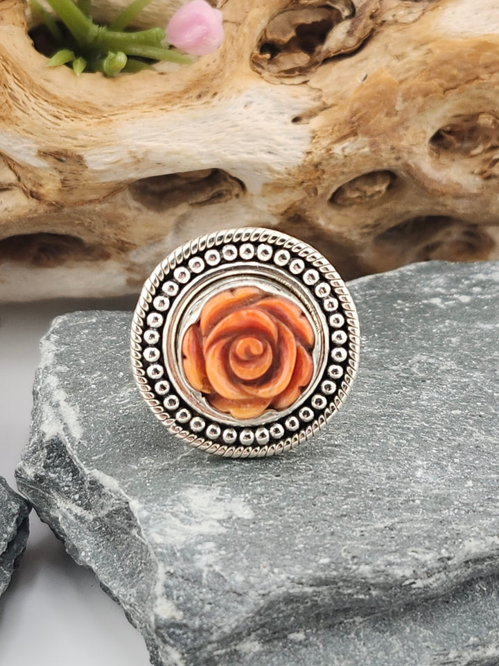 Orange Spiny Oyster Carved Rose Ring